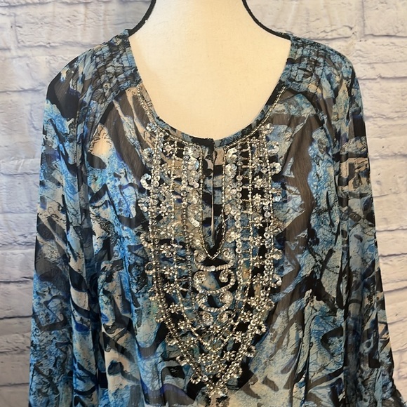 Chico’s Sheer Tunic Top Beaded Embellished Chico’s Size 3 XL Watercolor Blue - Picture 2 of 9